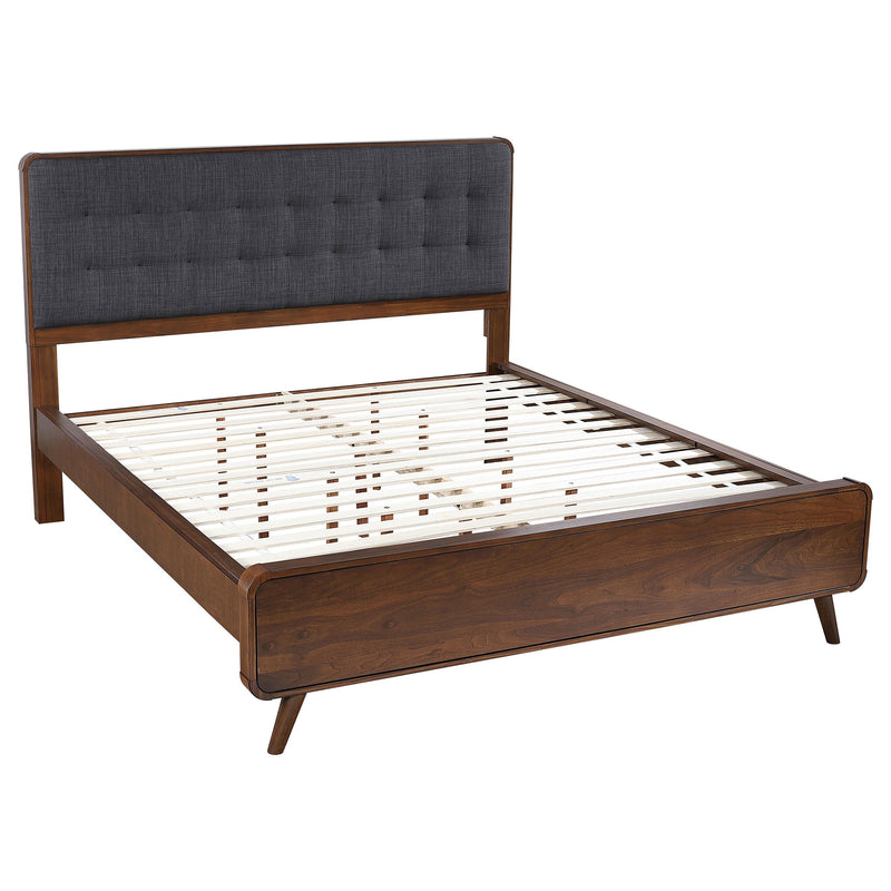 Robyn California King, E.King, & Queen Bed with Upholstered Headboard Dark Walnut