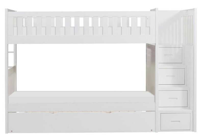 Galen Bunk Bed w/ Reversible Step Storage and Twin Trundle in White B2053SBW-1*R